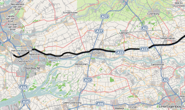 De Betuwelijn in de Regio Rijnmond. Kaart: Wikipedia, Openstreetmap.org